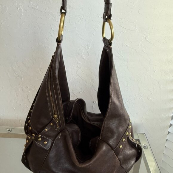 Kenneth Cole Brown Leather Studded Hobo Shoulder Bag — Brass Hardware — Large - Picture 1 of 8